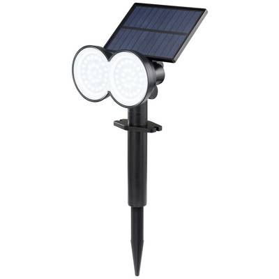 Lampe solaire équipée de deux spots LED circulaires et d'un panneau solaire, montée sur un support avec piquet de terre. Idéale pour l'éclairage de jardin.
