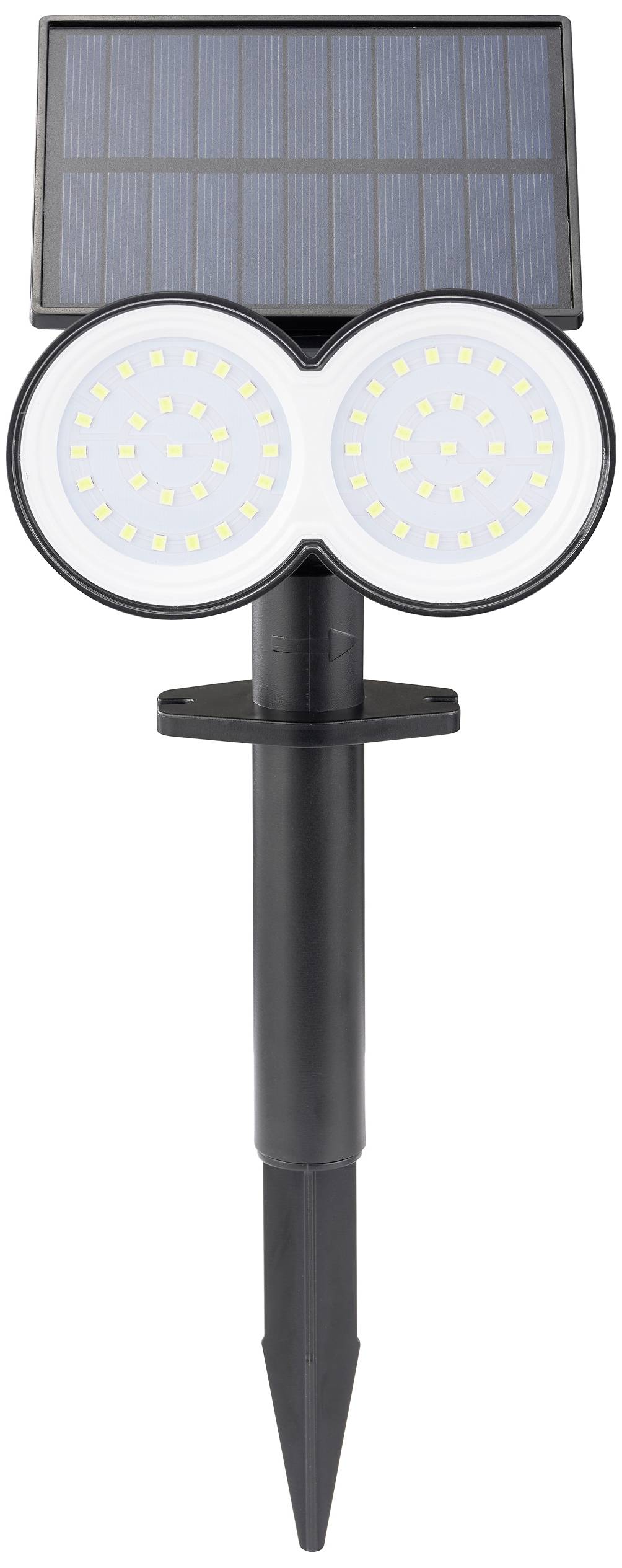 Lampadaire extérieur solaire avec deux lampes LED rondes et un panneau solaire intégré, monté sur un piquet de terre. Idéal pour l'éclairage de jardin.