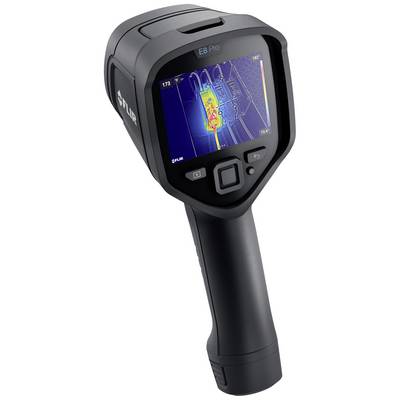 Caméra thermique avec écran affichant la répartition thermique en tons de jaune et de bleu. Modèle 'FLIR E8 Pro'. Design ergonomique, noir.