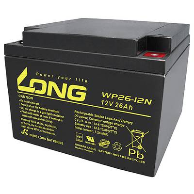 Batterie au plomb-acide noir de la marque Long, modèle WP26-12N, 12V 26Ah. Les indications de sécurité et les étiquettes de recyclage sont visibles.