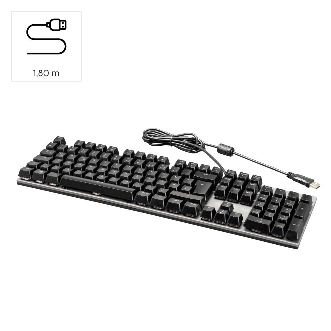 Clavier mécanique noir avec un long câble USB, à côté duquel se trouve un symbole portant l'inscription '1,80 m', indiquant la longueur du câble.