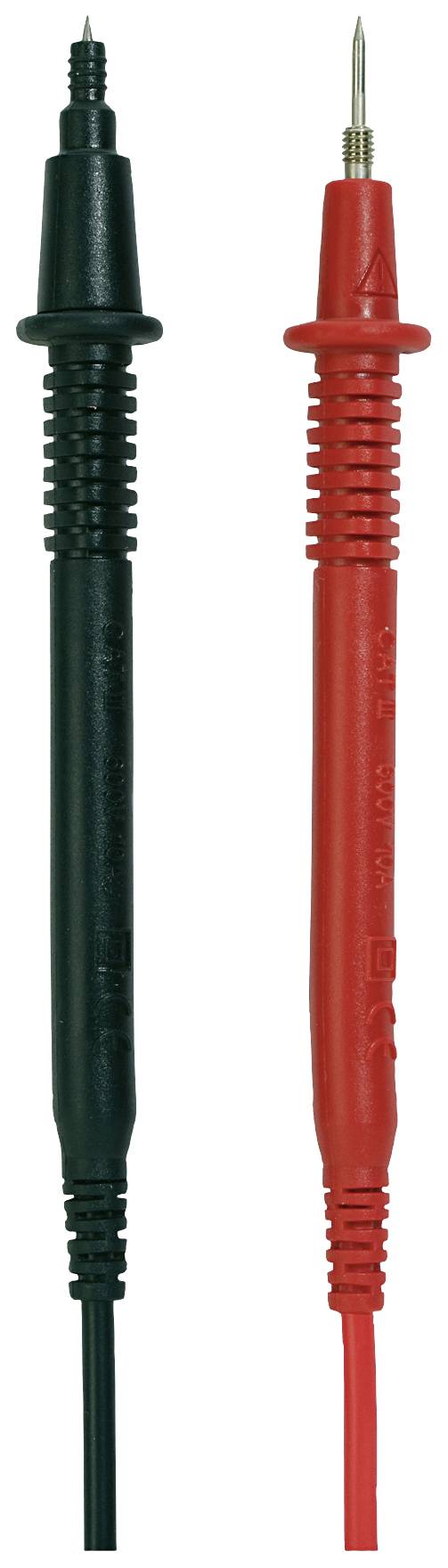 Pointes de mesure noires et rouges pour multimètre. Pointe noire à gauche, pointe rouge à droite. Utilisées pour les mesures électriques.