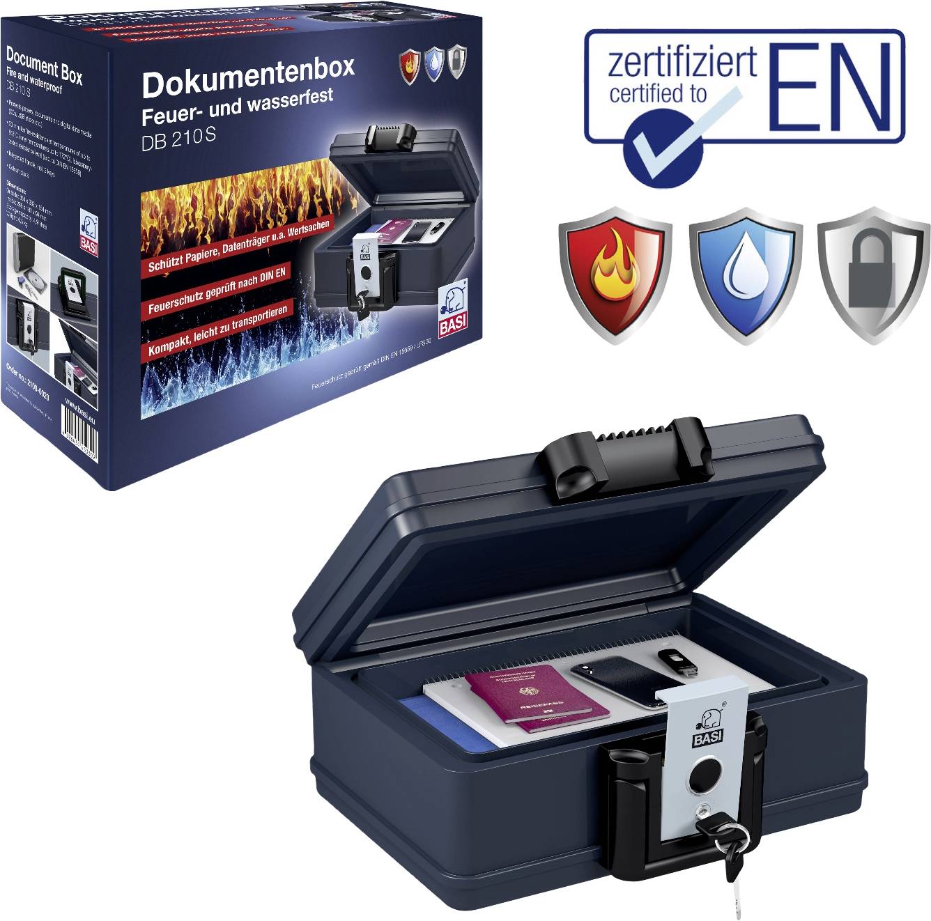 Boîte de documents DB 210S avec fermeture de sécurité, résistante au feu et à l'eau, contenant passeport et clé USB. Certification selon EN.