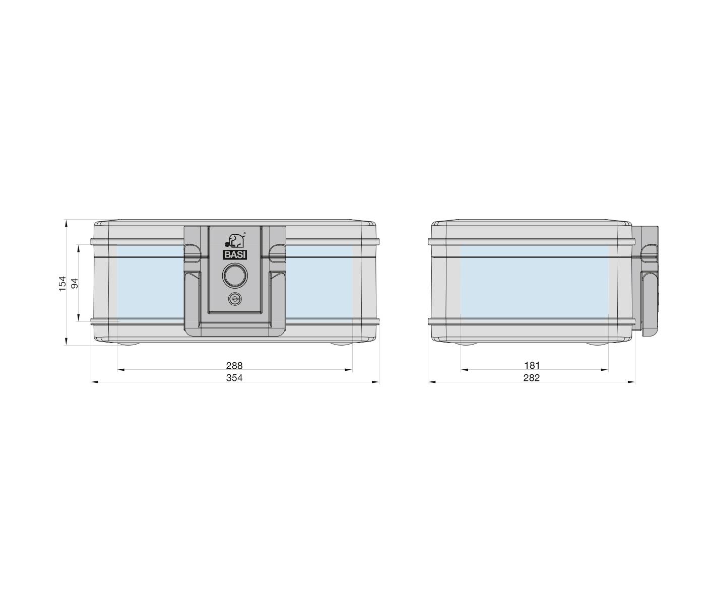 Illustration d'une serrure de porte carrée avec les dimensions suivantes : largeur 286 mm, profondeur 181 mm, hauteur 154 mm. Contient des logos et des détails.