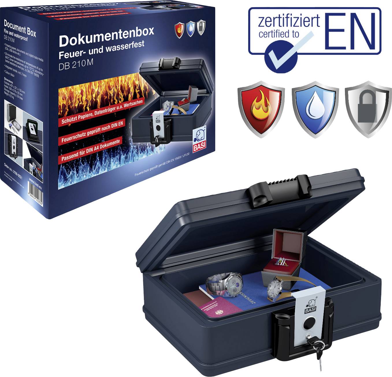 Coffre-fort pour documents DB 210M résistant au feu et à l'eau pour la conservation sécurisée d'objets importants. Certifié selon la norme EN.