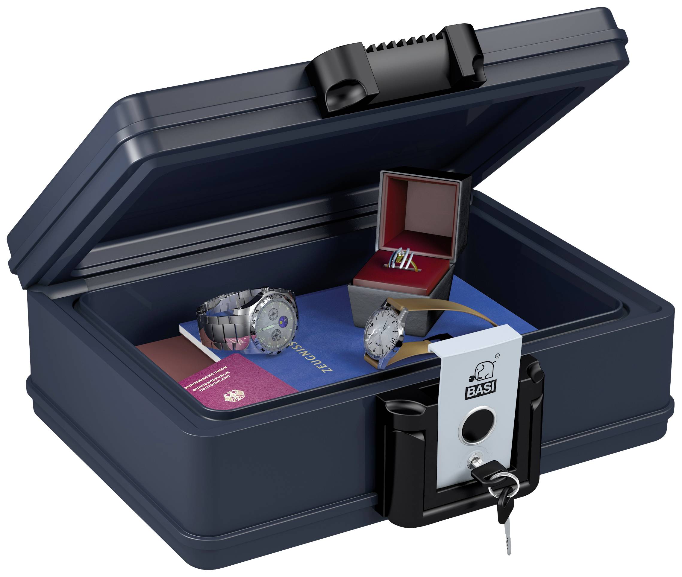 Un coffre-fort ouvert contenant deux montres, un passeport et un coffret à bijoux. Le coffre-fort est muni d'une serrure à clé.