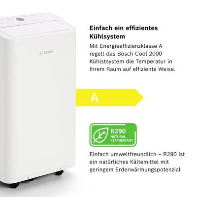 Un climatiseur portable Bosch de classe d'efficacité énergétique A, réduit efficacement la température ambiante. Écologique avec du réfrigérant R290.