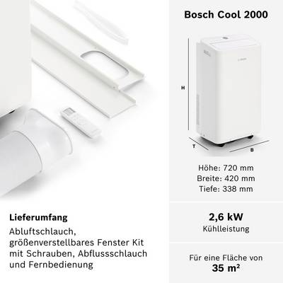 Climatiseur 'Bosch Cool 2000', blanc. Hauteur : 720 mm, Largeur : 320 mm, Profondeur : 438 mm. Adapté pour des surfaces jusqu'à 35 m². Refroidissement de 2,6 kW. Accessoires : Tuyau d'évacuation, kit fenêtre, télécommande.