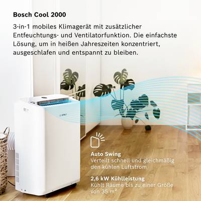 Climatiseur mobile sur plancher en bois, flux d'air et description textuelle à droite : 'Bosch Cool 2000'. Fonctions : déshumidification, ventilateur.