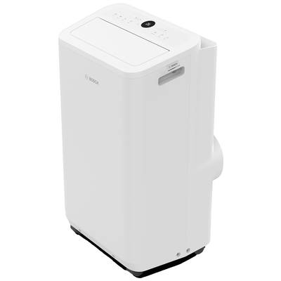 Climatiseur mobile, blanc, avec commandes en haut. Marquage : 'Bosch'. Poignée de transport sur le côté. Adapté pour rafraîchir une pièce.