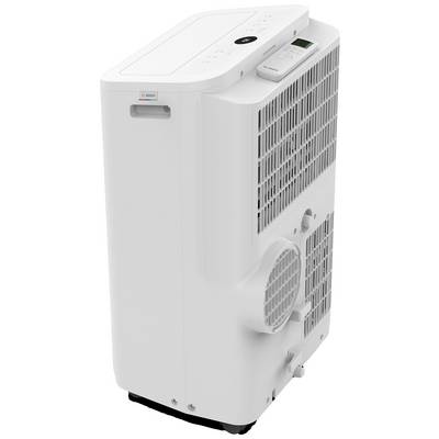 Climatiseur portable en blanc avec des fentes de ventilation et un panneau de commande en haut. Adapté pour rafraîchir les petites et moyennes pièces.