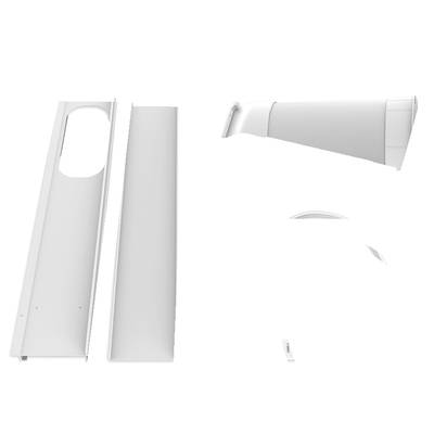 Des pièces rectangulaires blanches en plastique sont disposées côte à côte. L'une des pièces présente une ouverture ovale, tandis que l'autre est lisse. À droite, un élément rainuré.