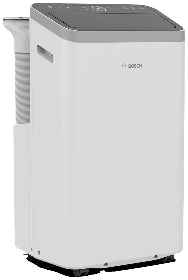 Climatiseur de Bosch, rectangulaire et blanc avec un panneau de commande gris en haut. Adapté pour rafraîchir une pièce et améliorer la qualité de l'air.