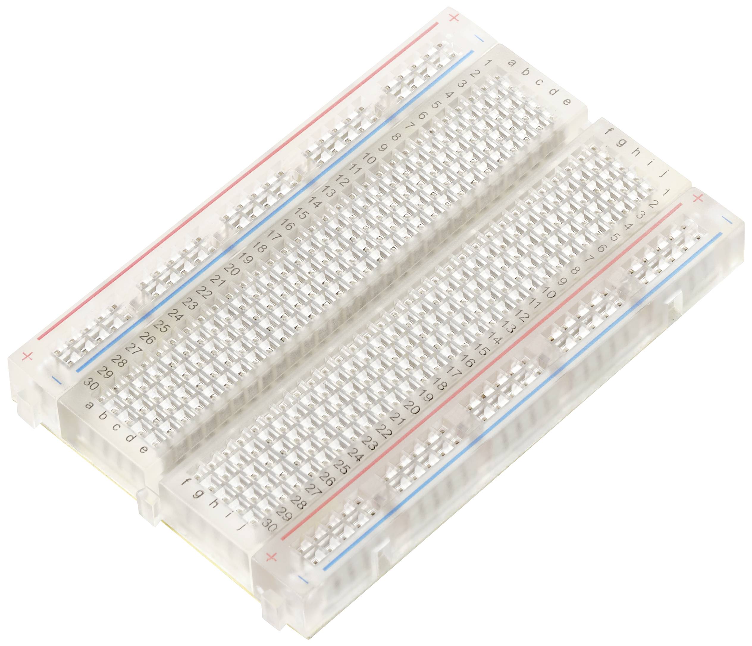 Plaque de montage pour le développement de circuits avec rangées de contacts verticales et horizontales, lignes rouges et bleues pour la polarité.