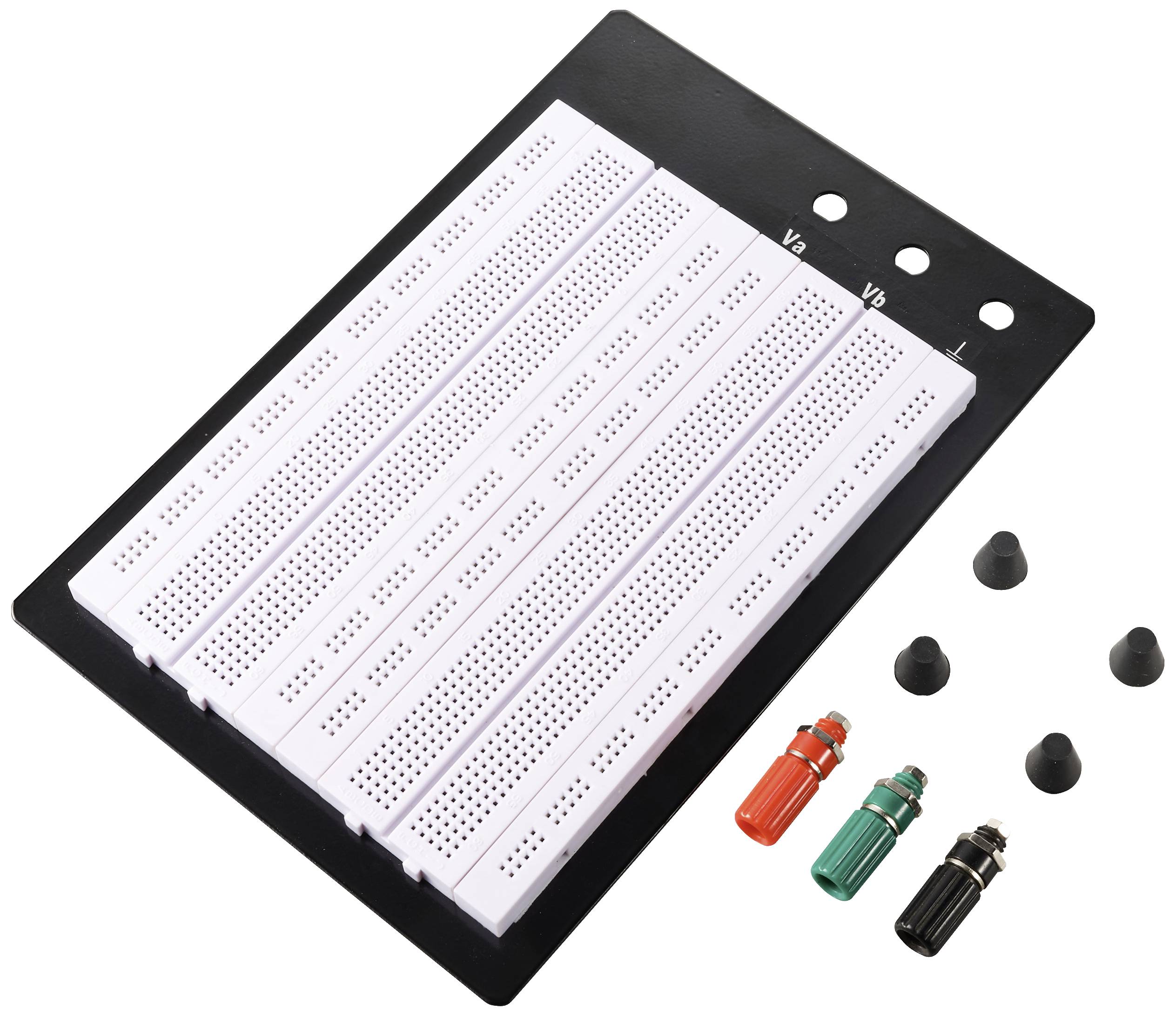 Une plaquette de circuit imprimé avec plusieurs pistes conductrices sur une base noire, à côté de quatre bornes de connexion colorées en rouge, vert et noir.