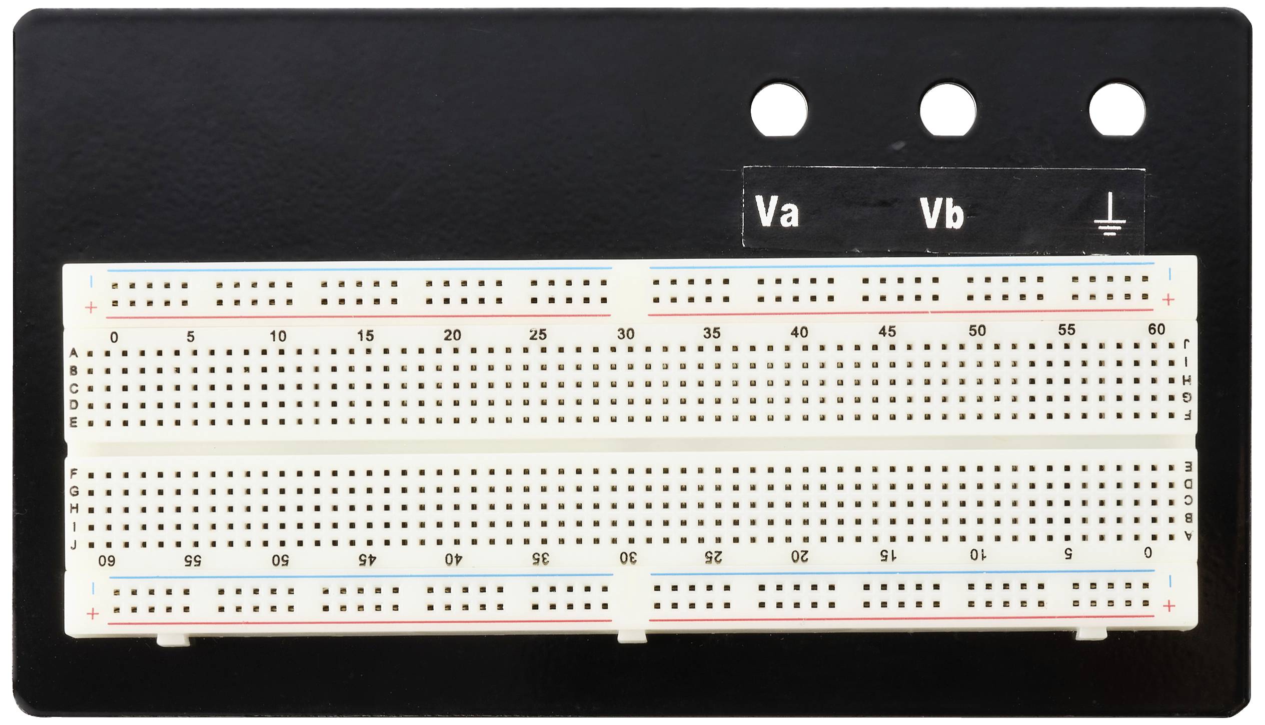 Planche de connexion avec rangées et colonnes numérotées, trois bornes en haut pour la mesure de tension 'Va', 'Vb' et un symbole de mise à la terre.