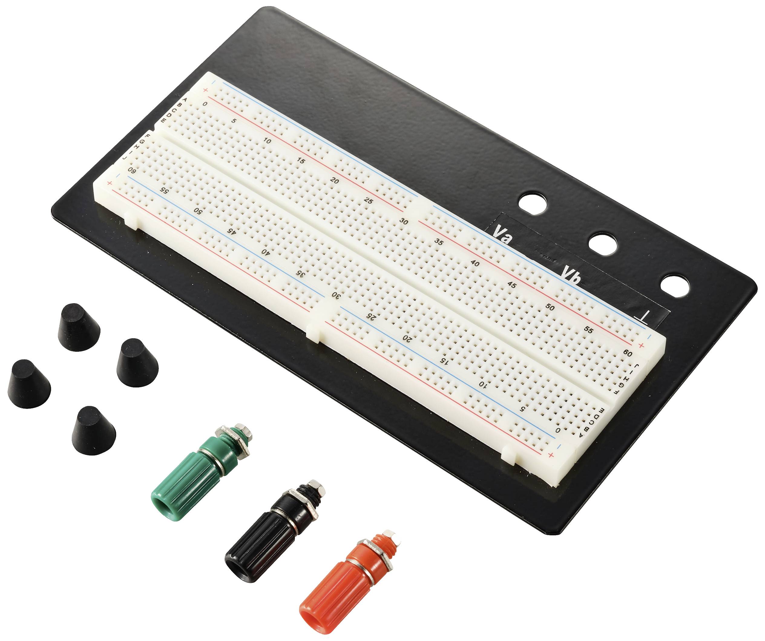 Un plateau de montage avec trois pinces crocodiles et quatre pieds en caoutchouc. Il est utilisé pour les circuits électroniques et les expériences.