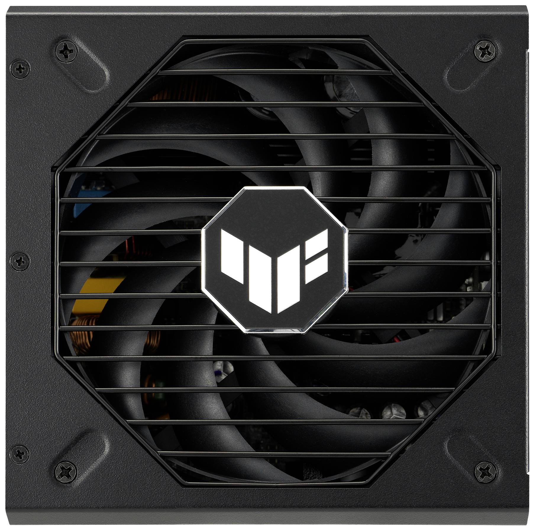 Bloc d'alimentation noir pour ordinateur avec ventilateur, logo de marque au centre du couvercle du ventilateur.