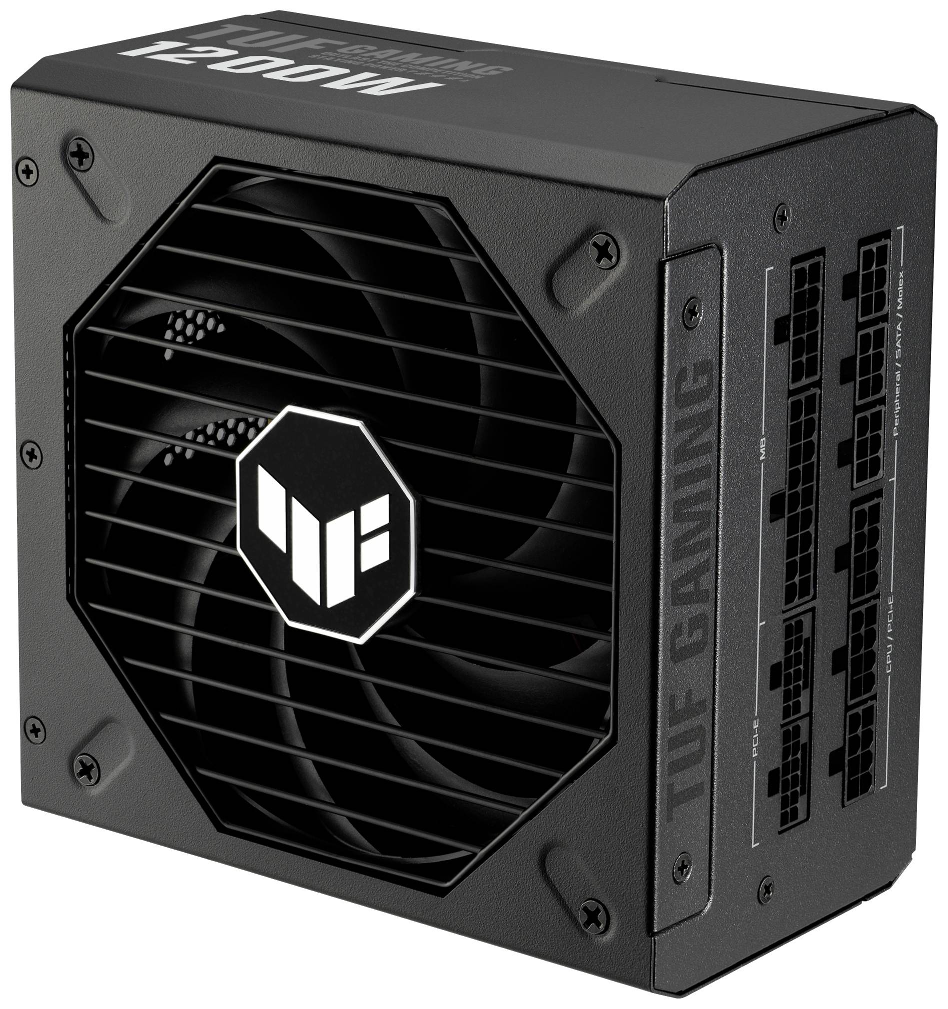 Bloc d'alimentation noir 'TUF Gaming' de 1200W avec ventilateur et plusieurs options de connexion sur le côté.
