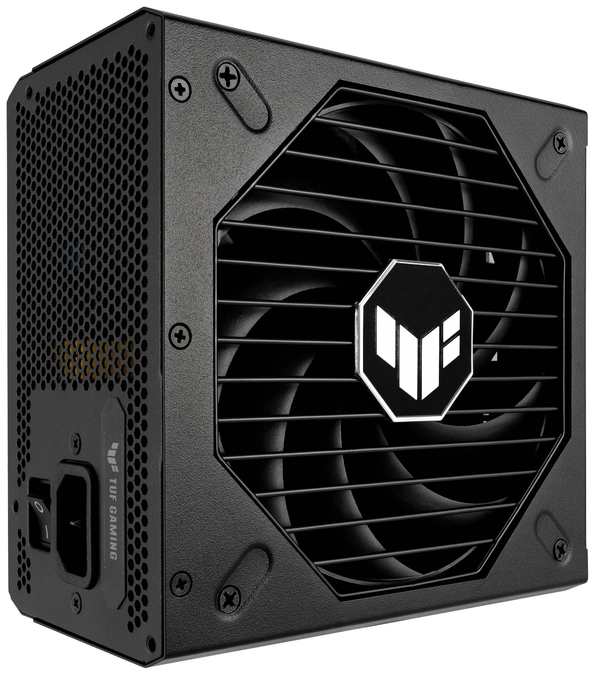 Bloc d'alimentation noir pour PC avec ventilateur central et logo à l'avant. Comprend des ports de connexion sur un côté. Adapté aux ordinateurs de gaming.