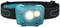 Une lampe frontale bleue avec bandeau noir et deux sources lumineuses, idéale pour les activités de plein air ou les travaux dans des environnements sombres.