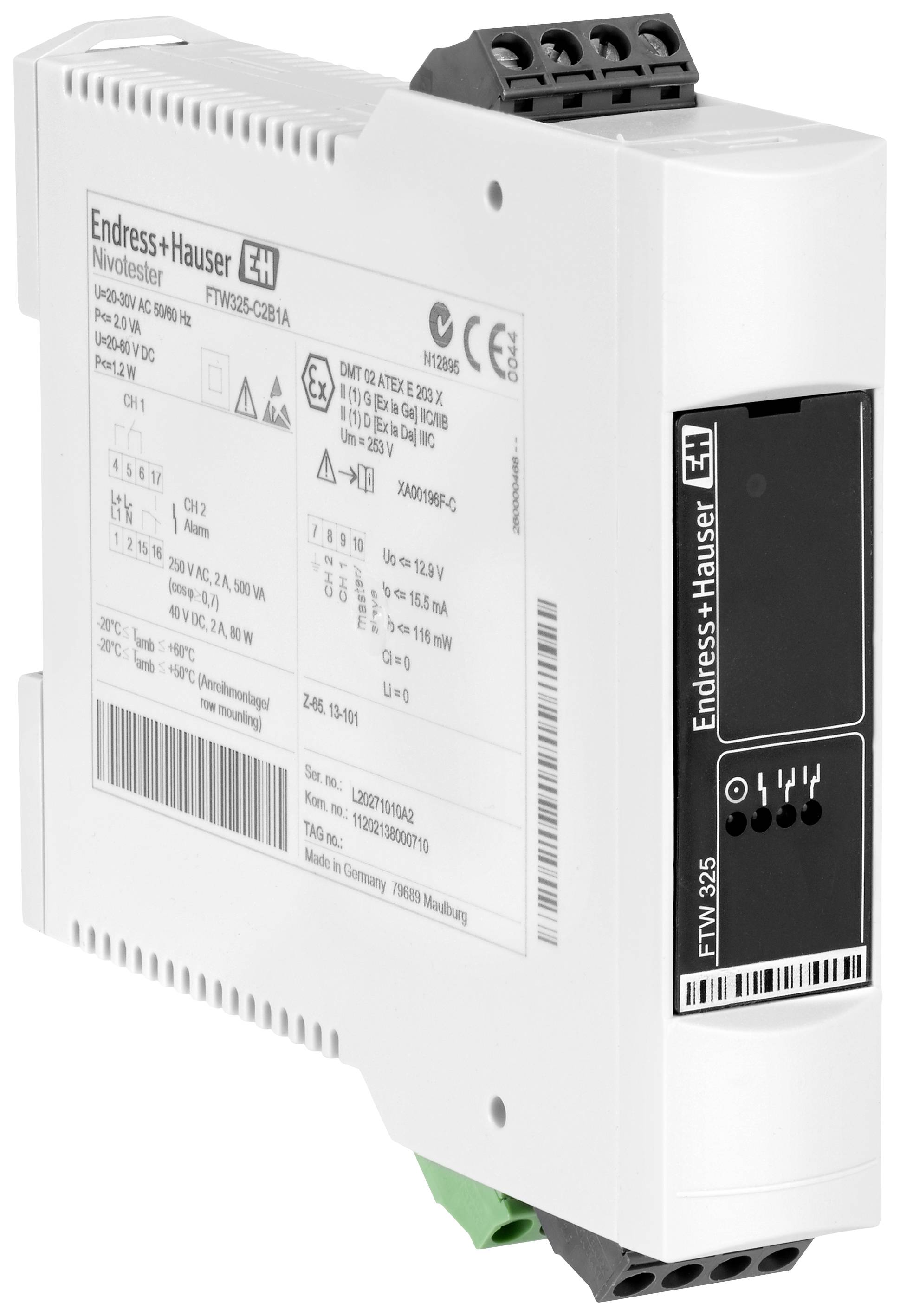 Un appareil électronique de la marque Endress+Hauser, modèle RMA42, gris, avec différentes possibilités de connexion et des caractéristiques techniques sur la face avant.