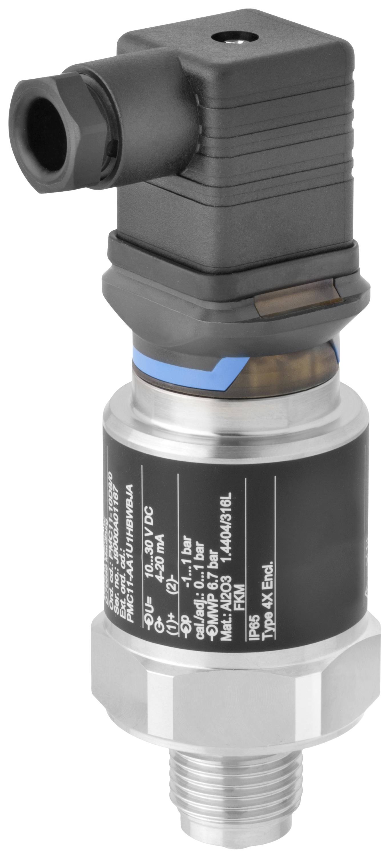Un capteur de pression électronique avec un connecteur noir et un raccord fileté métallique. L'inscription indique les spécifications techniques.