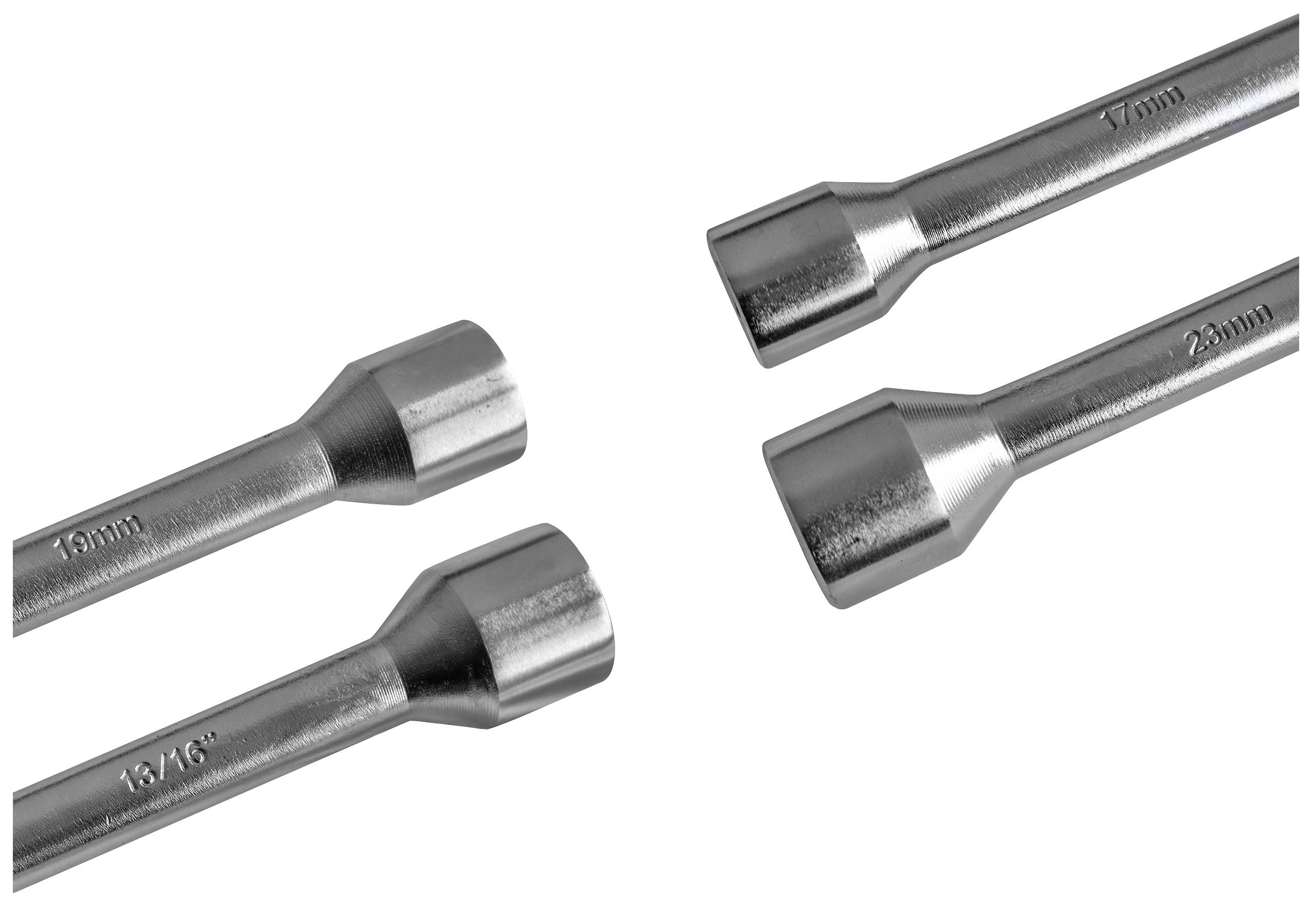Quatre clés à ergots de différentes tailles : 16 mm, 18 mm, 13/16 de pouce et 23 mm. Elles sont en métal et sont disposées côte à côte.