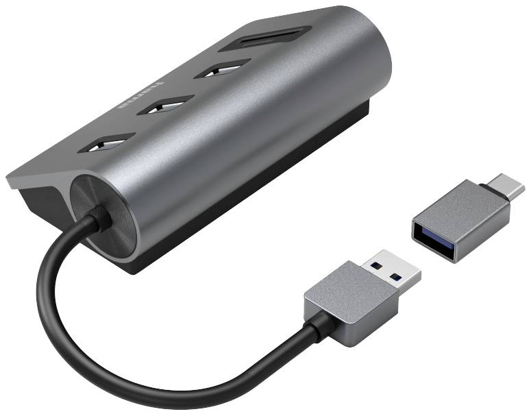 Hub USB métallique à cinq ports avec un câble USB amovible, idéal pour connecter plusieurs appareils.