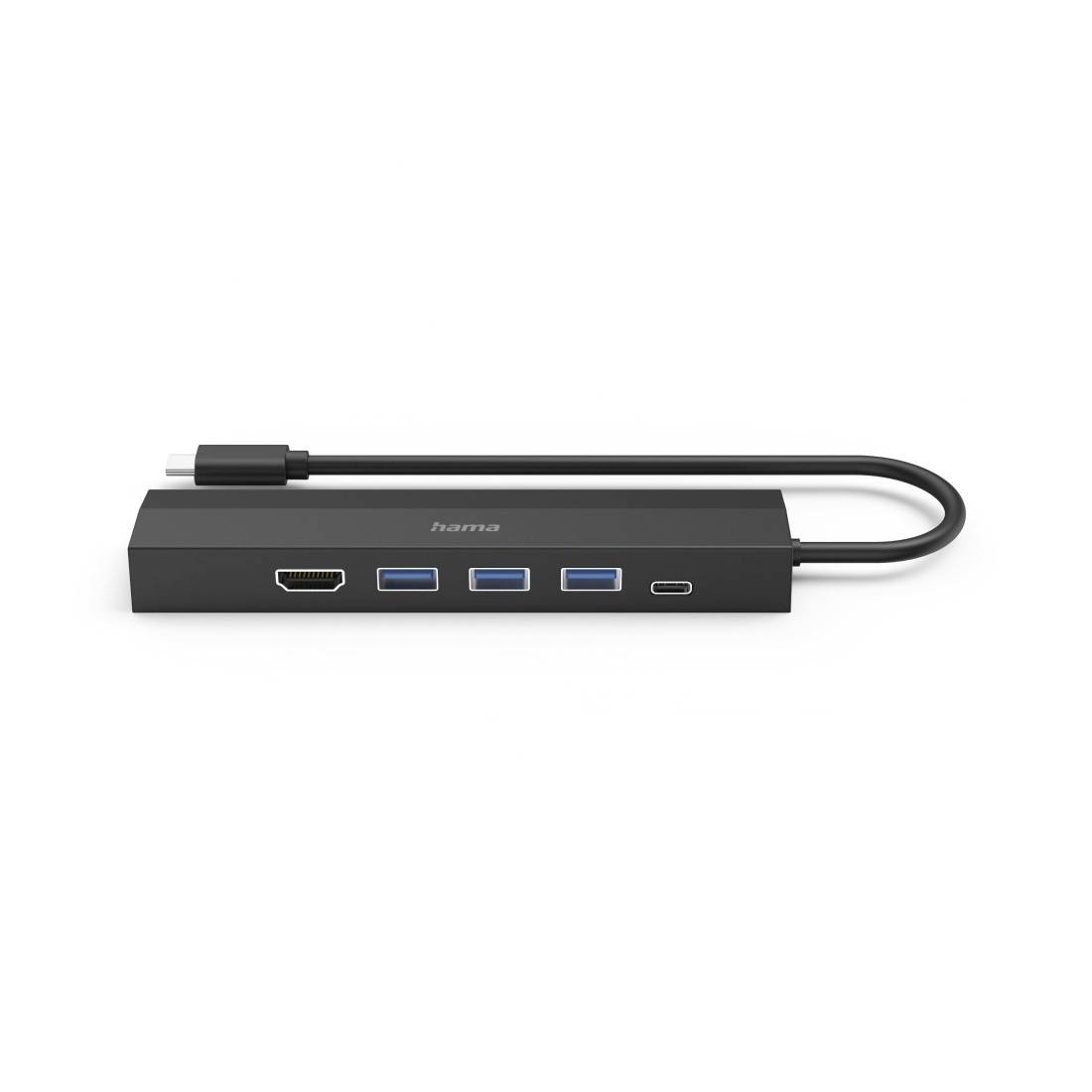 Adaptateur multiport USB-C avec port HDMI, trois ports USB, un port USB-C, boîtier noir, pour une connectivité étendue.