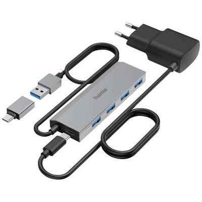Hub USB-C avec quatre ports USB bleus, connecteur USB-A, adaptateur USB-C et adaptateur de prise européen.