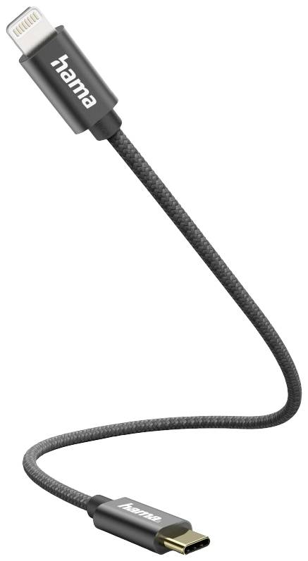 'Câble de charge noir avec connecteurs Lightning et USB-C de Hama.'