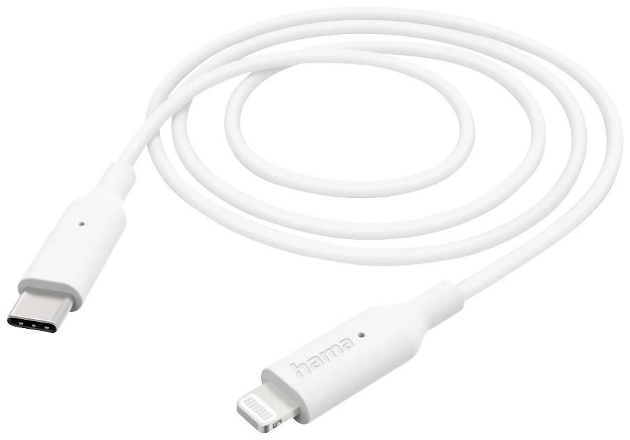 Un câble blanc USB-C vers Lightning, adapté pour charger et synchroniser des appareils équipés de ports USB-C ou Lightning.