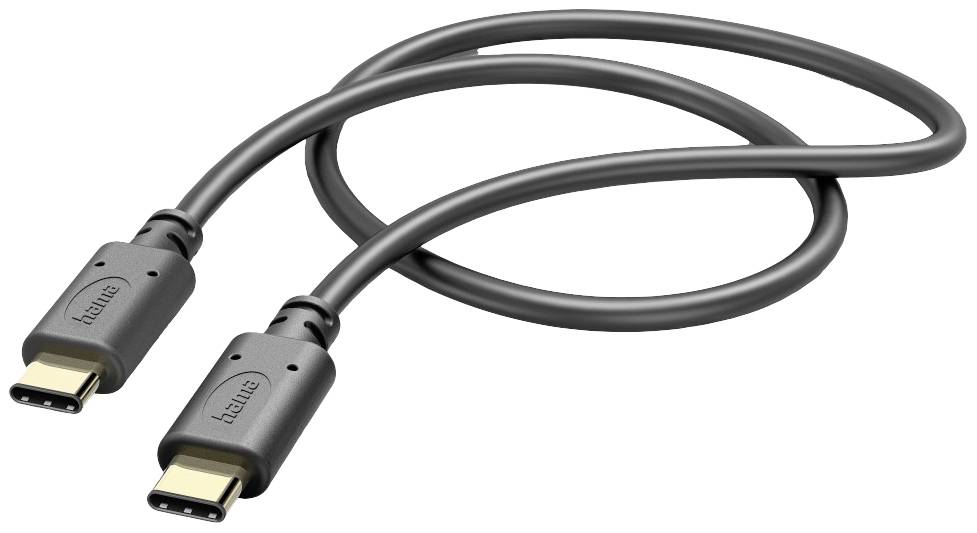 Un câble USB-C noir avec des connecteurs des deux côtés, adapté au transfert de données et à la charge des appareils.