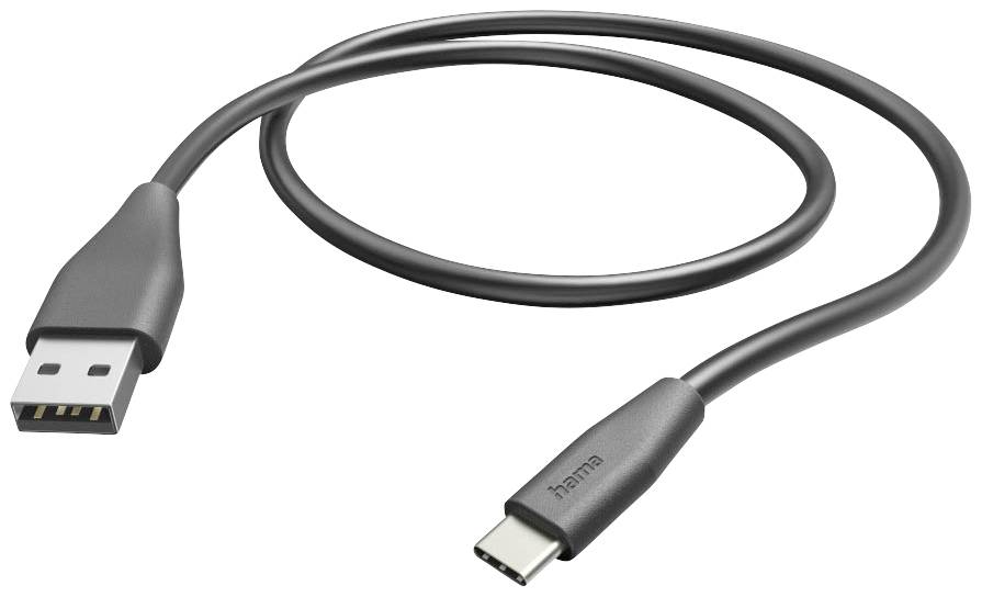 Un câble USB noir avec une fiche USB-A d'un côté et une fiche USB-C de l'autre côté.