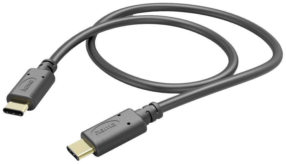 Un câble USB-C noir avec des connecteurs aux deux extrémités, adapté pour le transfert de données et la charge des appareils.