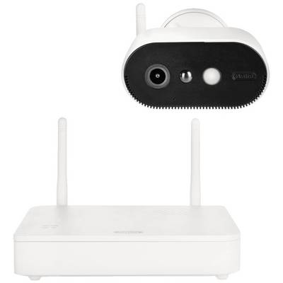 Caméra de surveillance extérieure et station de base avec antennes. Accent mis sur la surveillance de sécurité sans fil en extérieur.