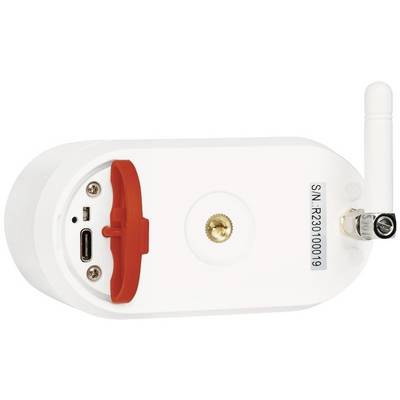 Un appareil électronique blanc doté d'une antenne et de différentes connexions à l'arrière, incluant des ports USB et un point de connexion.
