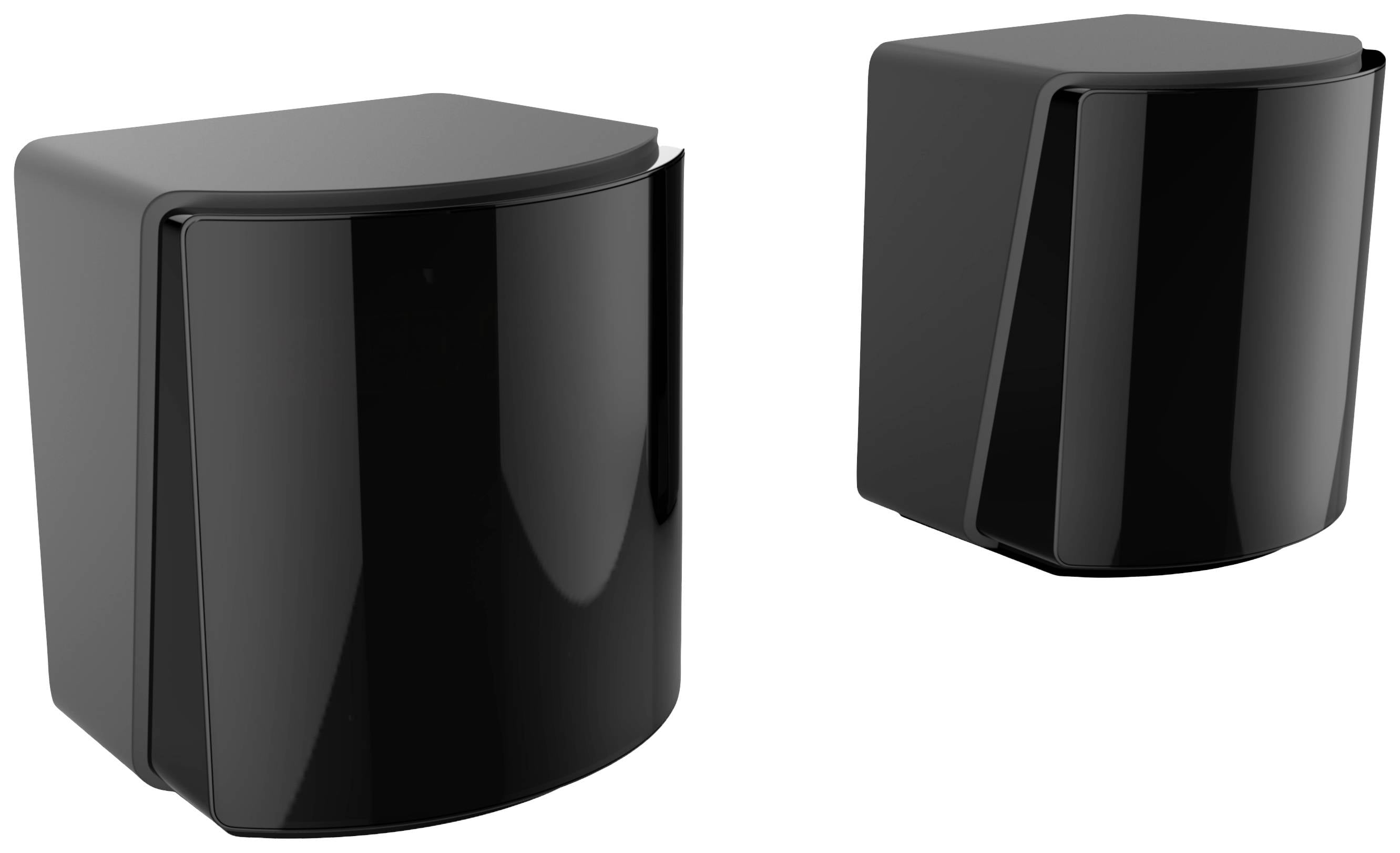 Deux enceintes noires et brillantes dans des boîtiers modernes aux formes arrondies, révélant leur design simple et élégant.