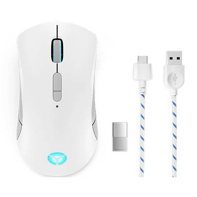 Souris de jeu blanche avec logo rétroéclairé, câble USB et récepteur sans fil sur fond blanc.