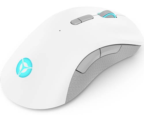 Souris d'ordinateur blanche sans fil avec un design ergonomique et un logo rétroéclairé en bleu. Quatre boutons et une molette de défilement sont visibles.
