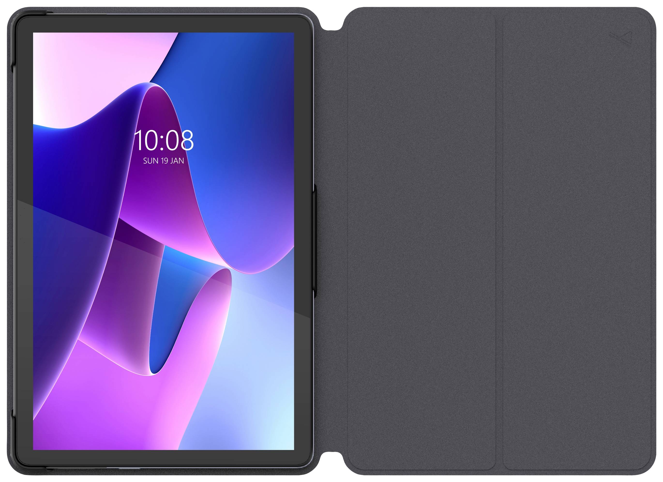 Tablette avec un écran coloré affichant la date et l'heure. Étui noir ouvert, la tablette est placée sur le côté gauche.