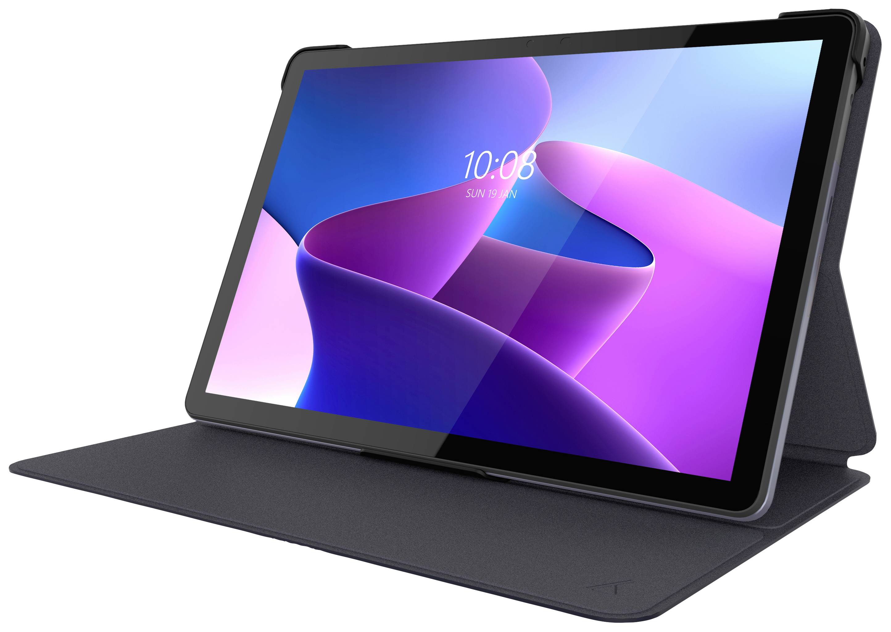 Tablette avec un support-étui noir, affichant l'heure '10:08' à l'écran, sur un fond aux tons de violet.