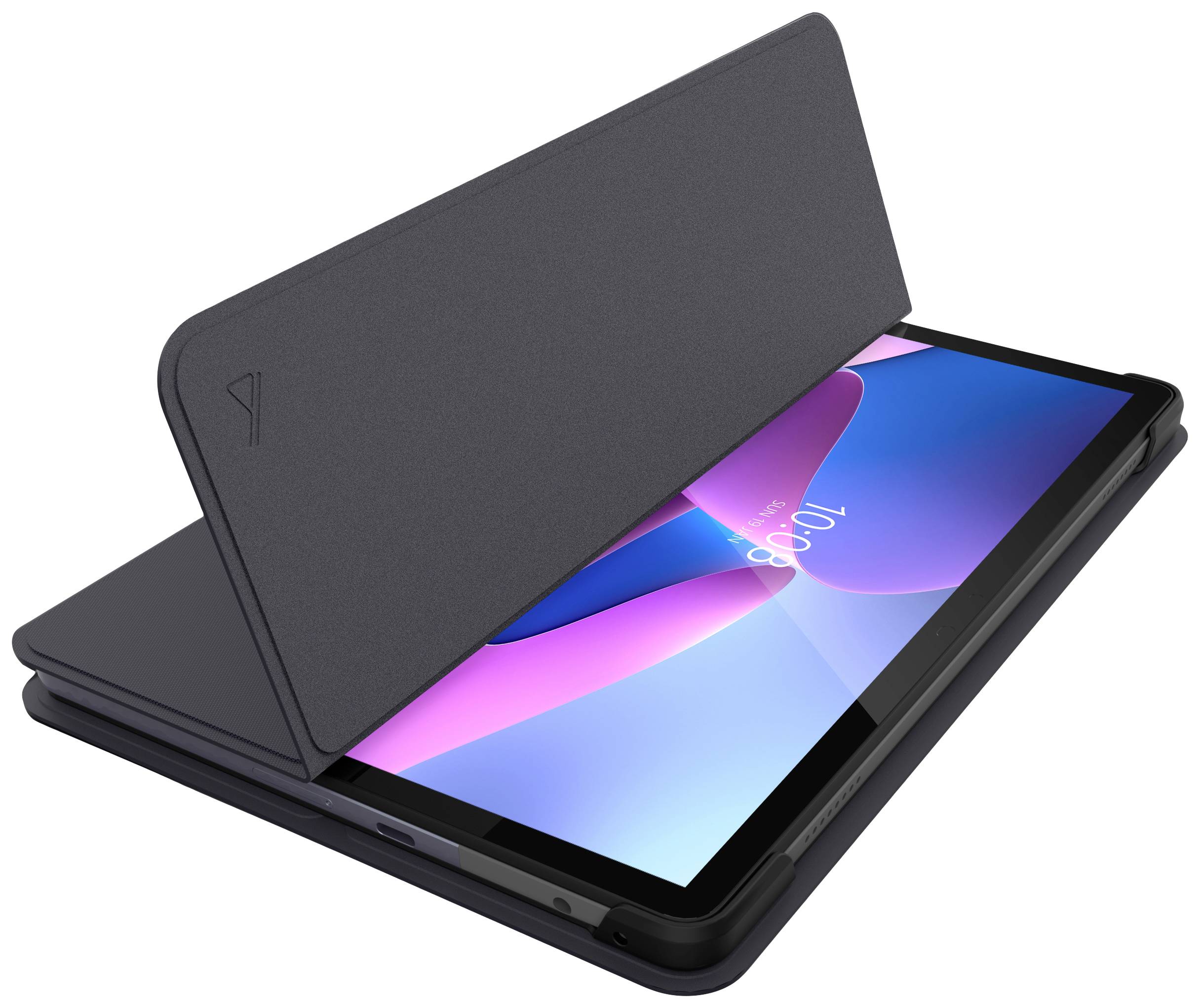 Une tablette avec un étui noir, partiellement ouvert, montrant l'écran avec une interface utilisateur colorée.