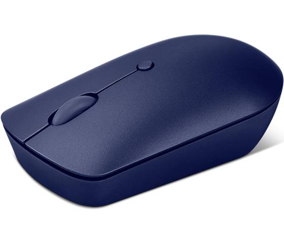 Souris d'ordinateur bleue sans fil sur fond blanc.