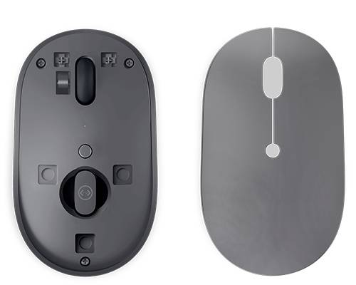 Deux souris d'ordinateur, l'une montrant le dessous avec son compartiment à piles et son capteur, l'autre présentant le dessus avec sa disposition de touches minimaliste.