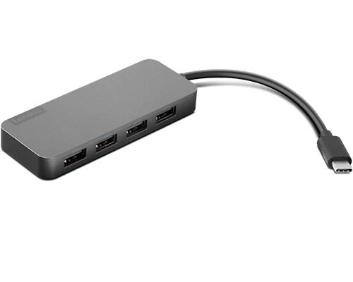 Un hub USB gris à quatre ports USB et un câble de connexion.