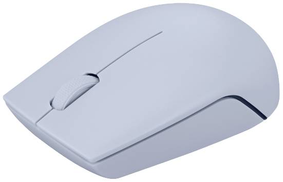 Souris d'ordinateur grise, sans fil, au design minimaliste, avec deux boutons et une molette de défilement, sur fond blanc.