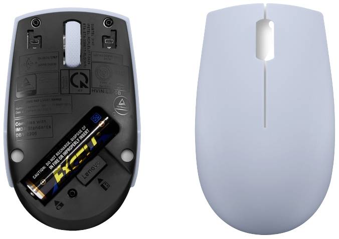 Souris d'ordinateur sans fil bleue, vue de face et de dos. Le dos montre le compartiment des piles avec une batterie insérée.