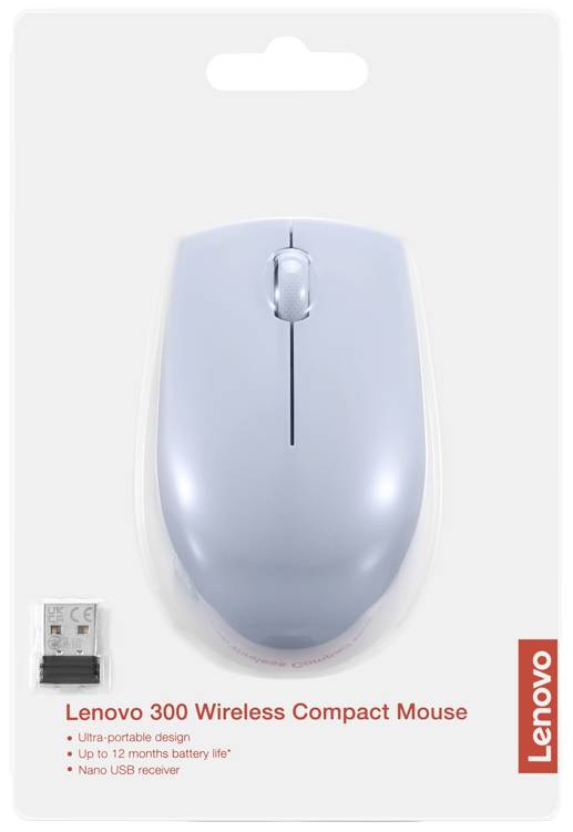 Souris sans fil Lenovo grise dans son emballage, avec un texte décrivant un 'design ultra-portable', 'jusqu'à 12 mois d'autonomie de batterie', un récepteur nano-USB illustré.